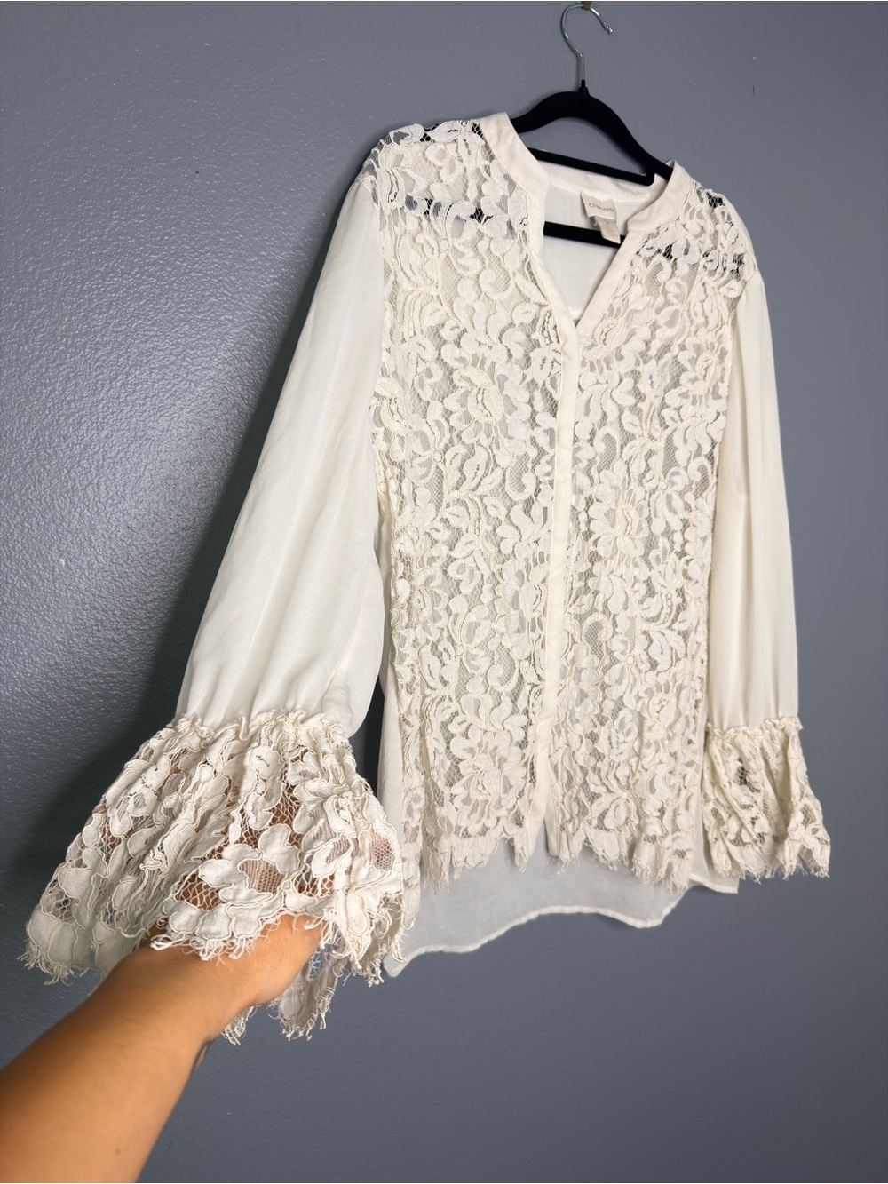 Chico's Ivory Floral Lace Overlay Blouse Bell Sleeve Romantic Large
